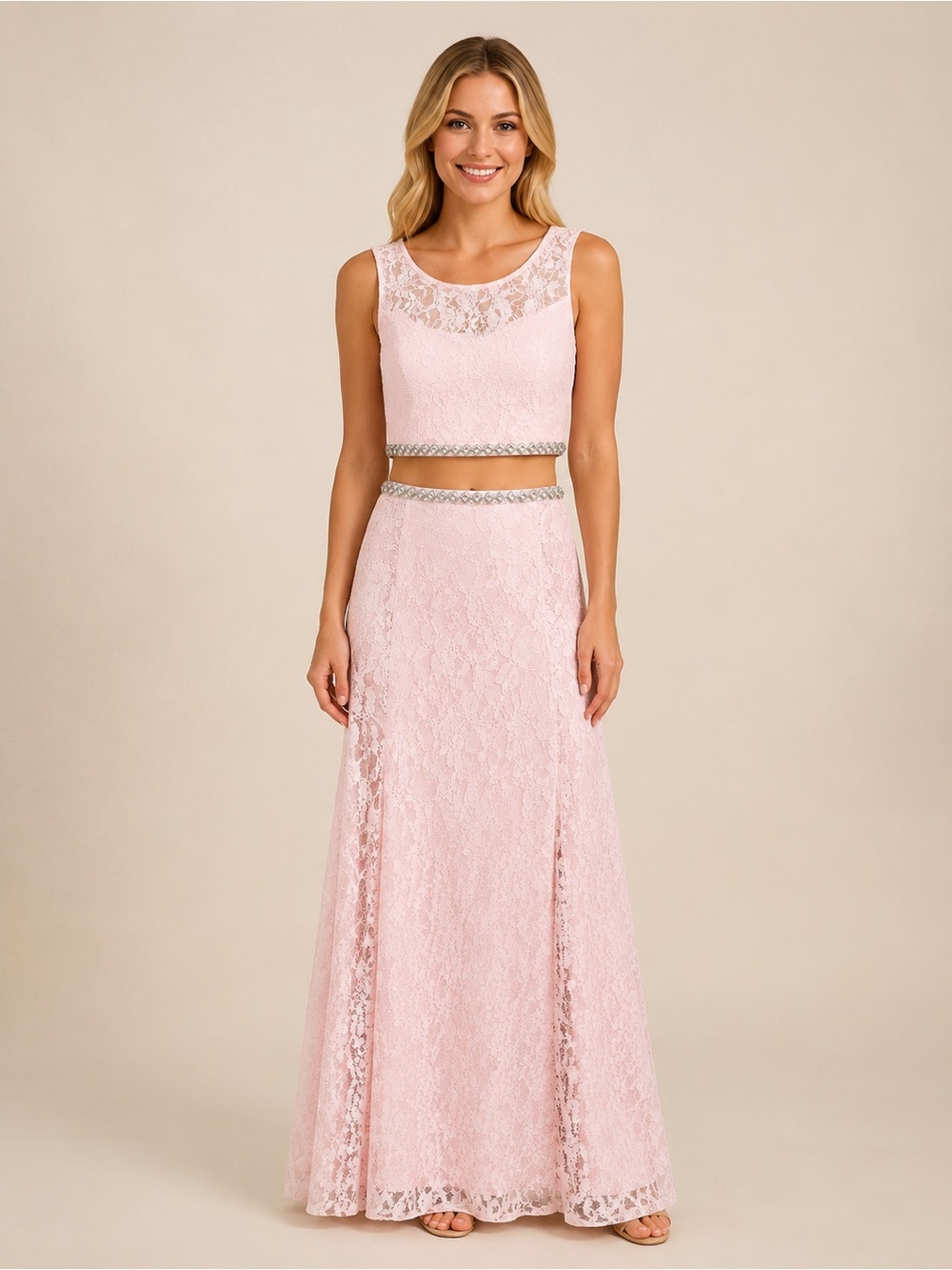 Blush Lace Maxi Dress with Embellished Waist